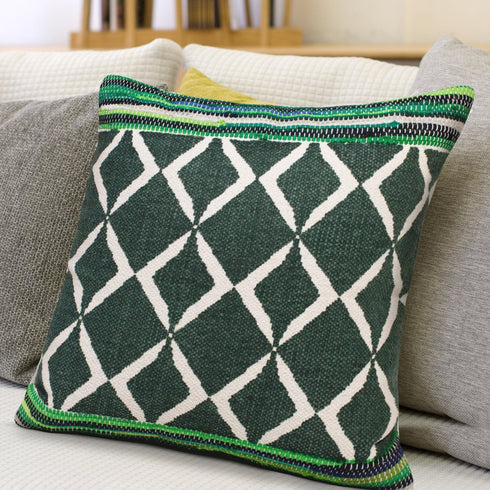 Set of Two 20" Green And Ivory Geometric Cotton Blend Throw Pillows