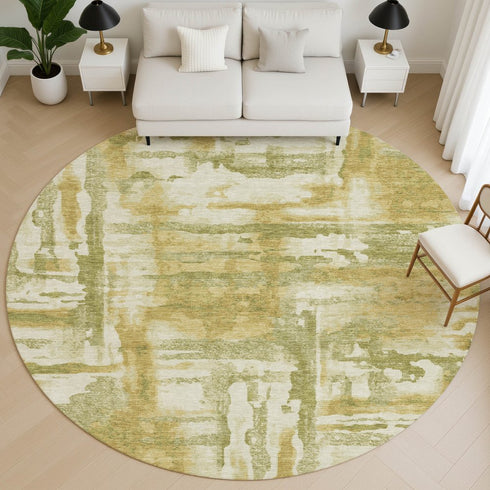 8' Sage And Ivory Abstract Washable Round Rug With UV Protection