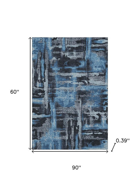 5' X 8' Black And Blue Abstract Washable Area Rug With UV Protection