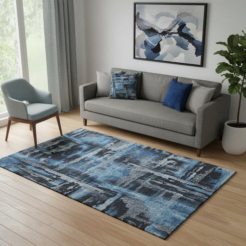 5' X 8' Black And Blue Abstract Washable Area Rug With UV Protection