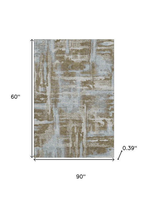 5' X 8' Brown And Beige Abstract Washable Area Rug With UV Protection