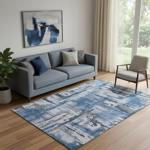 5' X 8' Blue And Gray Abstract Washable Area Rug With UV Protection