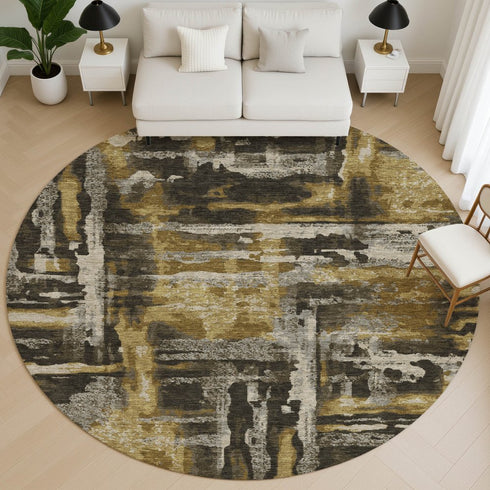 8' Coffee And Gray Abstract Washable Round Rug With UV Protection