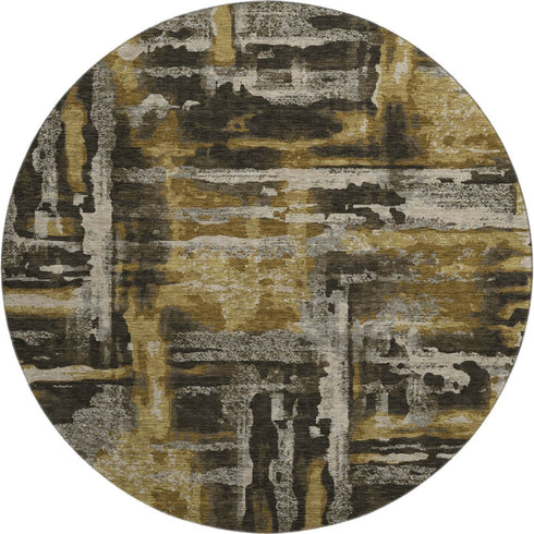 8' Coffee And Gray Abstract Washable Round Rug With UV Protection