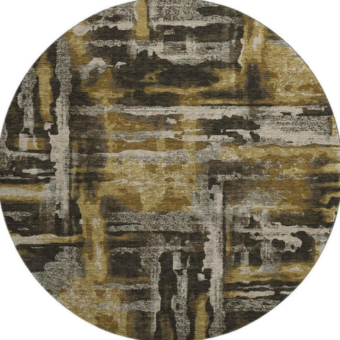 8' Coffee And Gray Abstract Washable Round Rug With UV Protection
