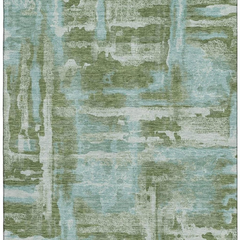 5' X 8' Fern Green And Sky Blue Abstract Washable Area Rug With UV Protection