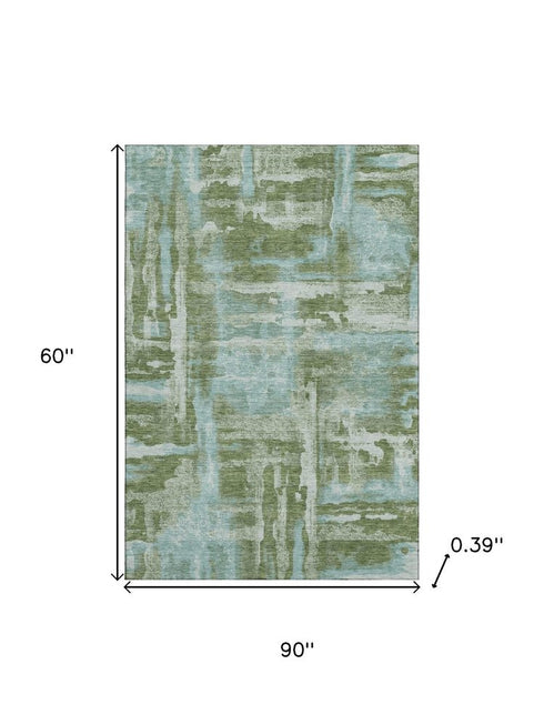5' X 8' Fern Green And Sky Blue Abstract Washable Area Rug With UV Protection