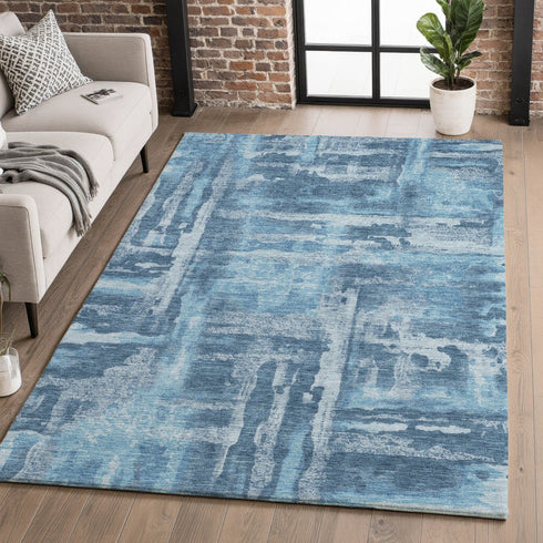 9' X 12' Denim Blue And Sky Blue Abstract Washable Area Rug With UV Protection