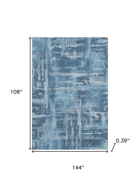 9' X 12' Denim Blue And Sky Blue Abstract Washable Area Rug With UV Protection