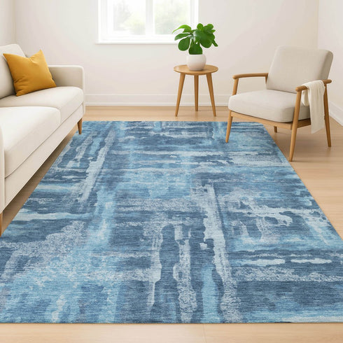 9' X 12' Denim Blue And Sky Blue Abstract Washable Area Rug With UV Protection