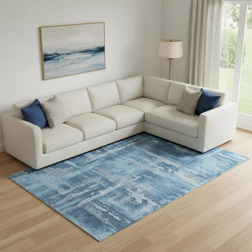 9' X 12' Denim Blue And Sky Blue Abstract Washable Area Rug With UV Protection