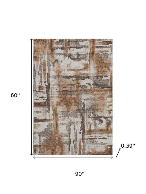 5' X 8' Rust And Brown Abstract Washable Area Rug With UV Protection