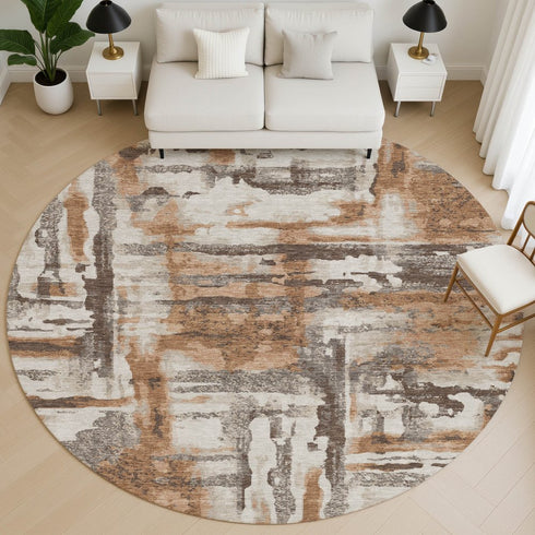8' Rust And Brown Abstract Washable Round Rug With UV Protection