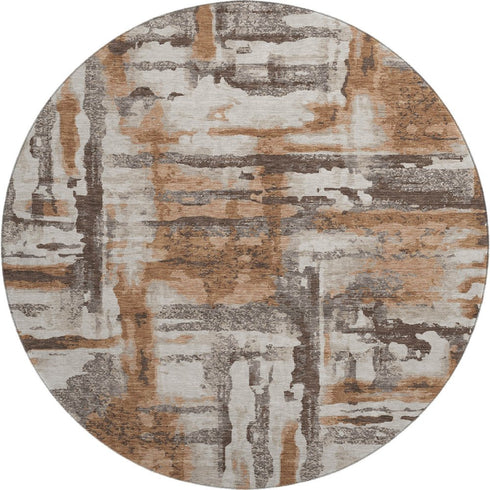 8' Rust And Brown Abstract Washable Round Rug With UV Protection