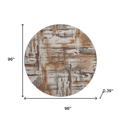 8' Rust And Brown Abstract Washable Round Rug With UV Protection