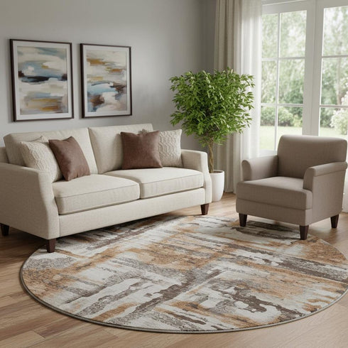 8' Rust And Brown Abstract Washable Round Rug With UV Protection