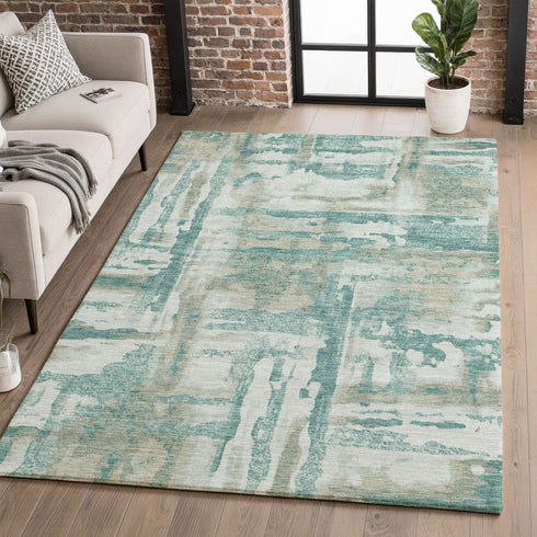 8' X 10' Teal And Taupe Abstract Washable Area Rug With UV Protection