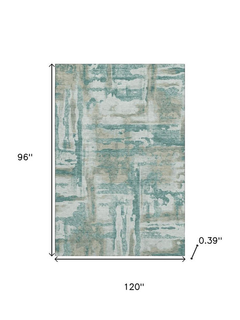 8' X 10' Teal And Taupe Abstract Washable Area Rug With UV Protection