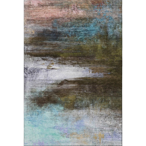 5' X 8' Brown And Teal Abstract Washable Area Rug With UV Protection