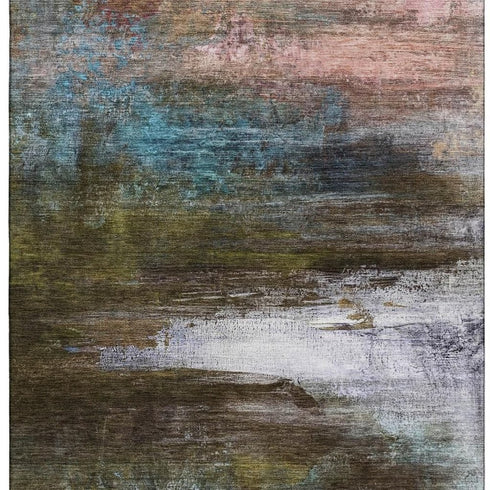 8' X 10' Brown And Teal Abstract Washable Area Rug With UV Protection