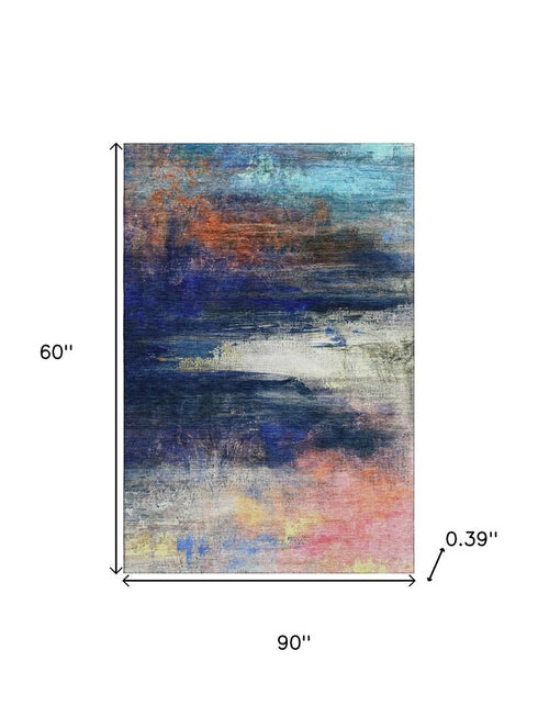 5' X 8' Blue And Pink Abstract Washable Area Rug With UV Protection