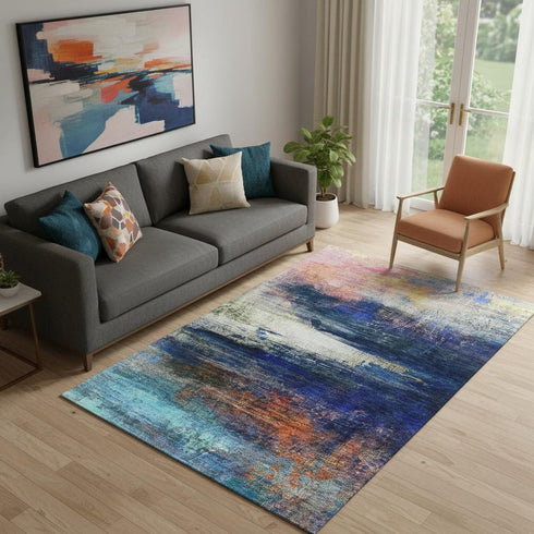 5' X 8' Blue And Pink Abstract Washable Area Rug With UV Protection