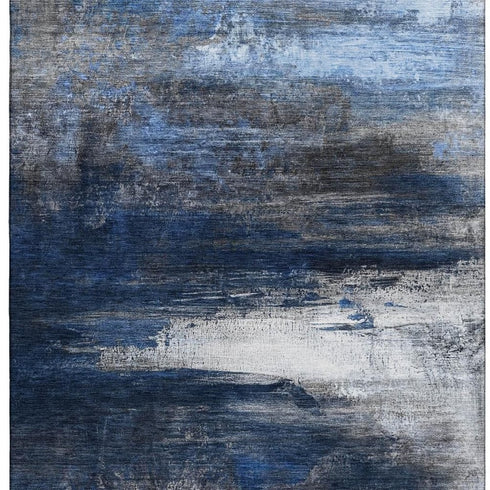 9' X 12' Navy Blue And Ivory Abstract Washable Area Rug With UV Protection