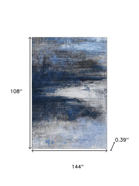 9' X 12' Navy Blue And Ivory Abstract Washable Area Rug With UV Protection