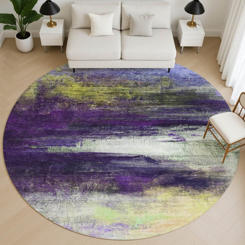 8' Purple And Lime Green Abstract Washable Round Rug With UV Protection