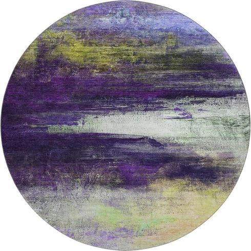 8' Purple And Lime Green Abstract Washable Round Rug With UV Protection