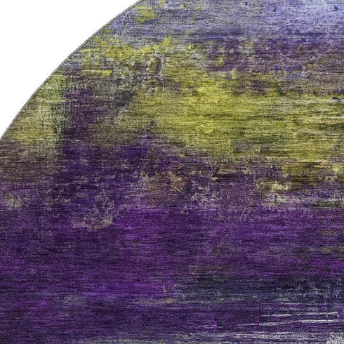 8' Purple And Lime Green Abstract Washable Round Rug With UV Protection