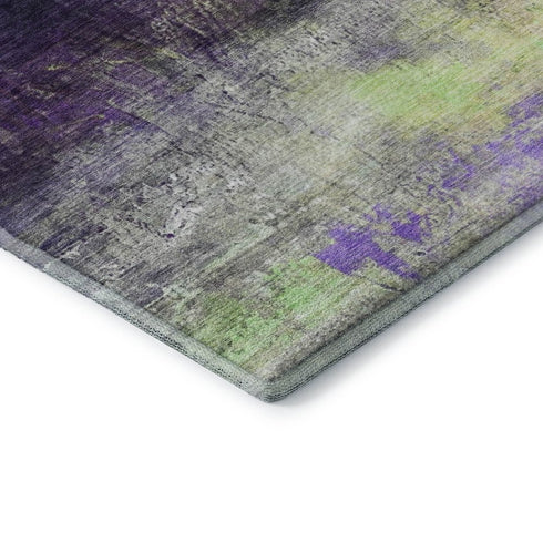 8' Purple And Lime Green Abstract Washable Round Rug With UV Protection