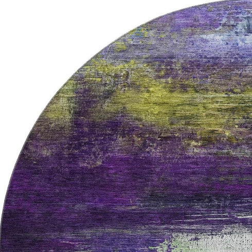 8' Purple And Lime Green Abstract Washable Round Rug With UV Protection