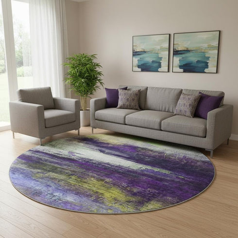 8' Purple And Lime Green Abstract Washable Round Rug With UV Protection