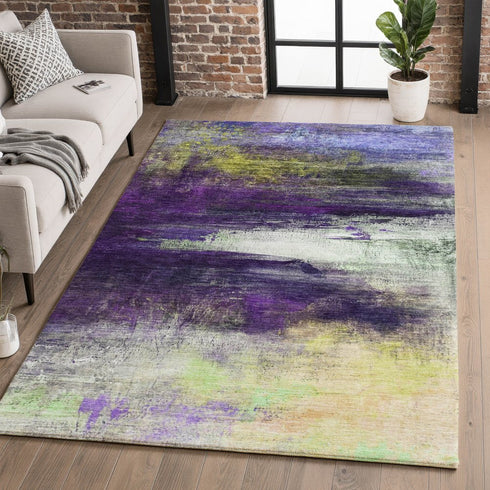 9' X 12' Purple And Lime Green Abstract Washable Area Rug With UV Protection