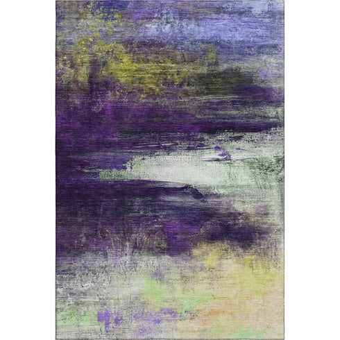 9' X 12' Purple And Lime Green Abstract Washable Area Rug With UV Protection