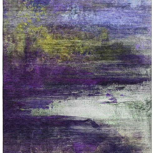 9' X 12' Purple And Lime Green Abstract Washable Area Rug With UV Protection