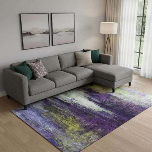 9' X 12' Purple And Lime Green Abstract Washable Area Rug With UV Protection