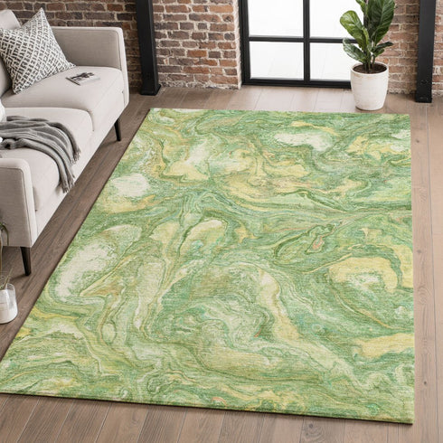 9' X 12' Green And Gold Abstract Washable Area Rug With UV Protection