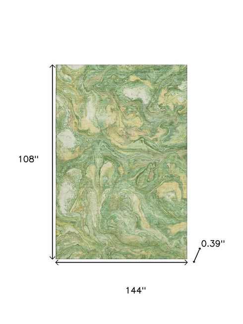 9' X 12' Green And Gold Abstract Washable Area Rug With UV Protection