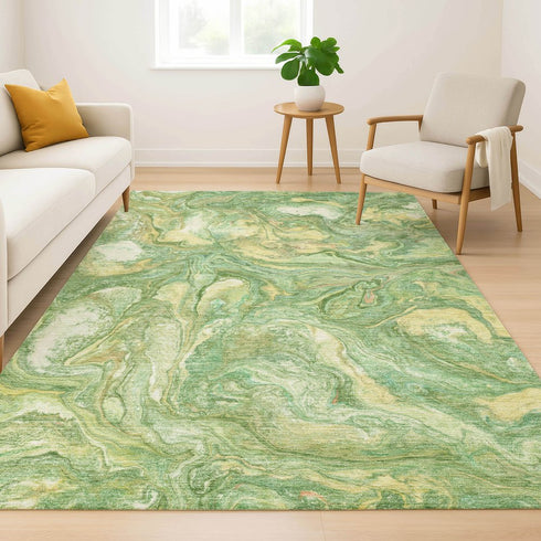 9' X 12' Green And Gold Abstract Washable Area Rug With UV Protection