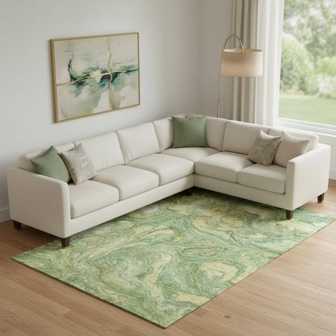 9' X 12' Green And Gold Abstract Washable Area Rug With UV Protection