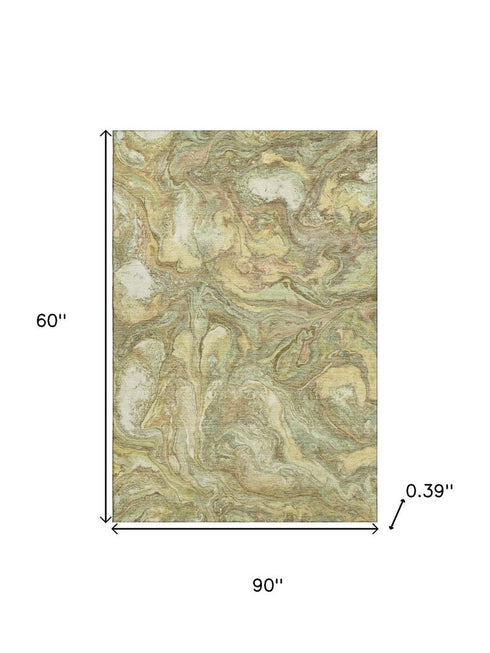 5' X 8' Gold And Beige Abstract Washable Area Rug With UV Protection