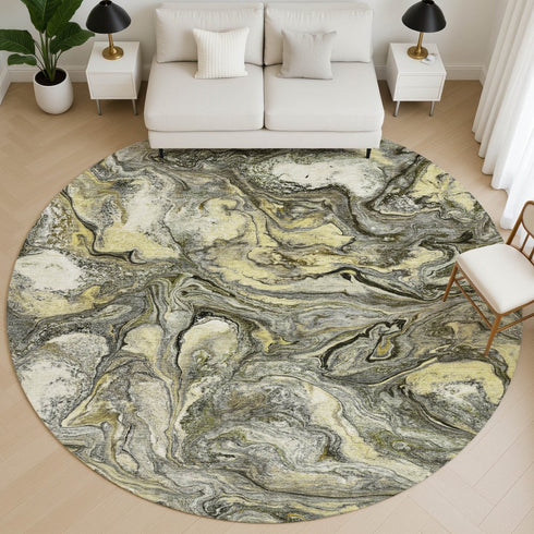 8' Pewter And Gold Abstract Washable Round Rug With UV Protection