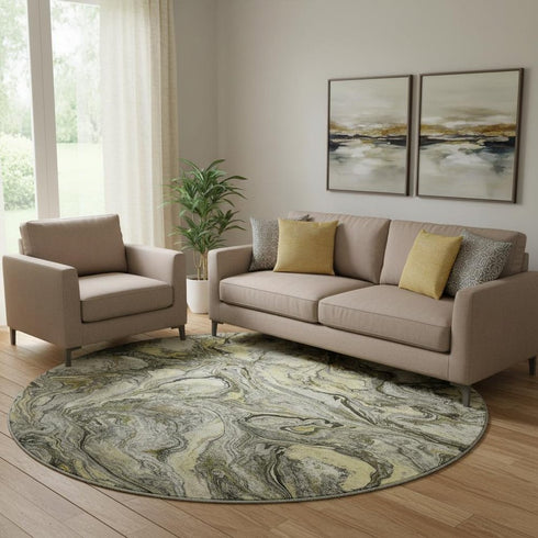 8' Pewter And Gold Abstract Washable Round Rug With UV Protection