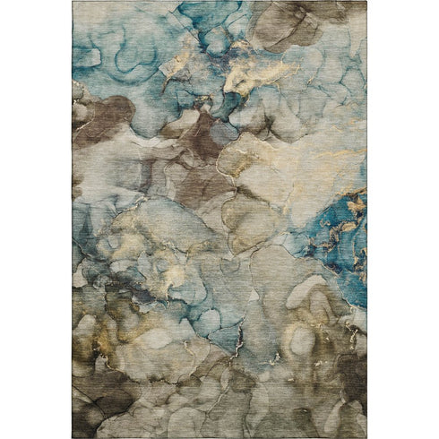 5' X 8' Brown And Teal Abstract Washable Area Rug With UV Protection