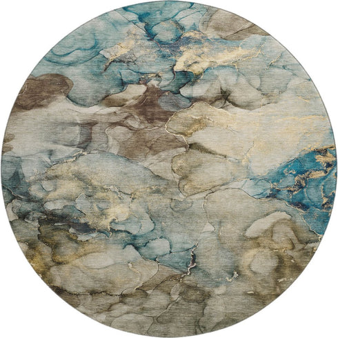 8' Brown And Teal Abstract Washable Round Rug With UV Protection