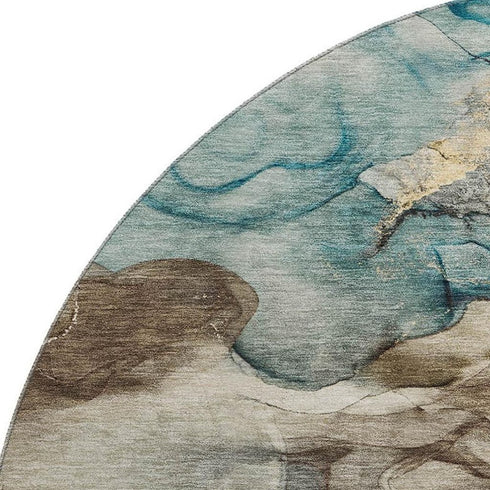 8' Brown And Teal Abstract Washable Round Rug With UV Protection