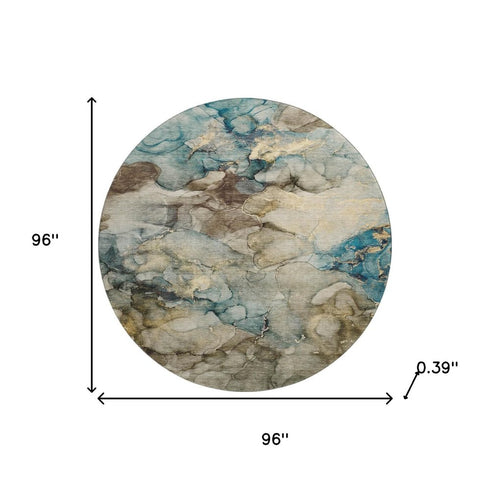 8' Brown And Teal Abstract Washable Round Rug With UV Protection