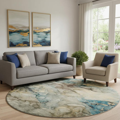 8' Brown And Teal Abstract Washable Round Rug With UV Protection